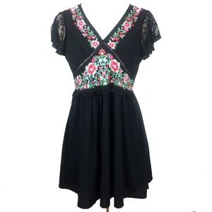 Black Lace Floral Embroidered Babydoll Boho Dress